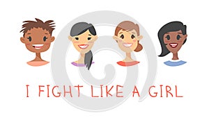 Set of a group of different people and text. Cartoon style characters of different races. Vector illustration caucasian, asian and