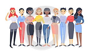 Set of a group of different women. Cartoon style characters of different races. Vector illustration caucasian, asian and african