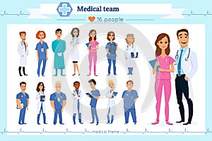 Set of group doctors, nurses and medical staff people,isolated on white.Different nationalities.Flat style.Hospital medical team photo