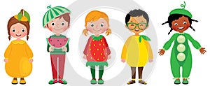 Set of group of kids in costumes of different fruits