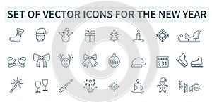 Set, group of vector icons for the New year. Christmas, 2021, holiday, web. Santa Claus, Christmas tree. Santa Claus.