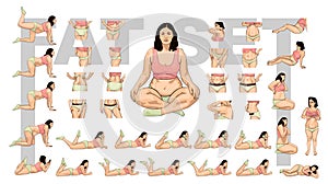 Set group of women in different poses. Plus size curved women. woman with belly fat