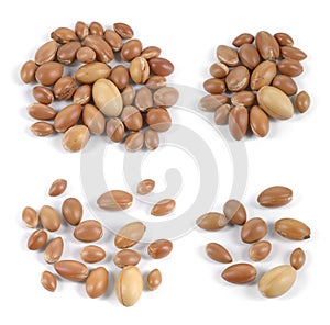 Set of groups of argan nuts on white background.