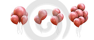 Set of groups 3d render realistic red balloons with ribbons and shadows isolated on white background. Vector illustration