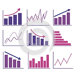 Set of growing graphic icons in purple, lilac. Business graphic. A business graph with an arrow. A collection of growth charts