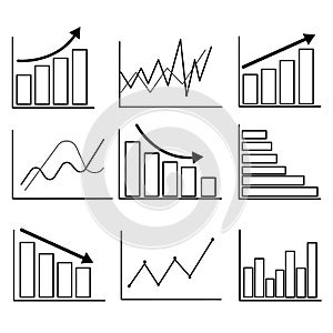 A set of growing graphics icons in black and white. Business graphic. A business graph with an arrow. A collection of growth