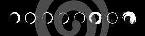Set of grunge circle brush strokes. White round frames. Elements for design. Vector illustration isolated on black background.