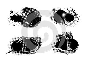 Set of grunge elements Paint stains black background, pixelated colors half halftone, Brush Strokes, Black and white ink, Frame