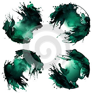 Set of grunge green ink textured brush circles isolated on white