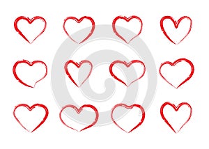 Set of grunge hearts. Hand drawn textured heart shapes for valentines day design, cards or posters.