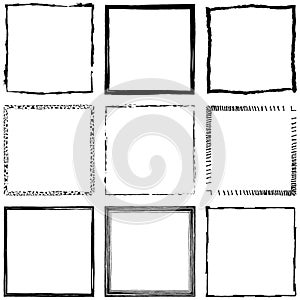 Set of grunge square frames. Border background. Hand draws black and white ink. Distress damaged edge template. Vector