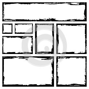 Set of grunge square frames. Empty border background. Hand draws black and white ink.