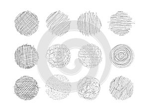 Set of grunge textures with pencil, pen. Circles with different shading, engraving. A set of round shapes with free