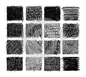 Set of grunge textures with pencil, pen. scribble thin line, squares with different hatching, engraving. Set of