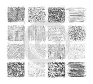 Set of grunge textures with pencil, pen. scribble thin line, squares with different hatching, engraving. Set of rectangular shapes