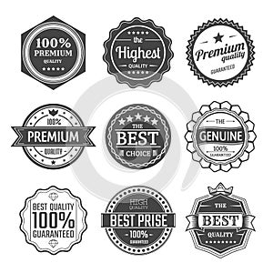 Set of guarantee and premium quality labels.