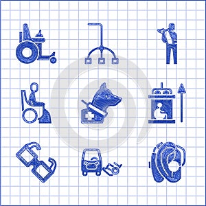 Set Guide dog, Disabled car, Hearing aid, Elevator for disabled, Eyeglasses, Woman wheelchair, Human broken arm and