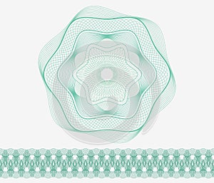 Set: Guilloche Pattern Rosette and border for certificate or diploma, isolated, green.