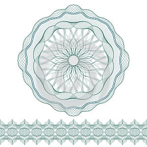 Set: Guilloche Pattern Rosette and border for certificate or diploma, isolated. Vector illustration