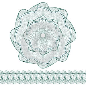 Set: Guilloche Pattern Rosette and border for certificate or diploma, isolated. Vector illustration