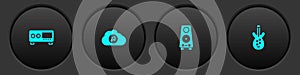 Set Guitar amplifier, Music streaming service, Stereo speaker and Electric bass guitar icon. Vector