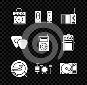 Set Guitar amplifier, Stereo speaker, Radio with antenna, Music CD player, Drums, Vinyl vinyl disk, pick and MP3 icon