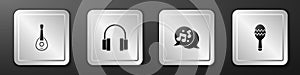 Set Guitar, Headphones, Music note, tone and Maracas icon. Silver square button. Vector