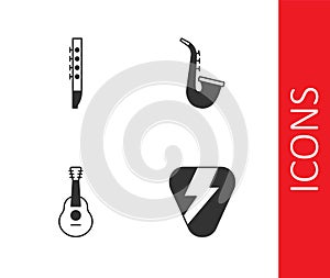 Set Guitar pick, Flute, and Saxophone icon. Vector