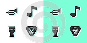Set Guitar pick, Trumpet, Drum and Music note, tone icon. Vector