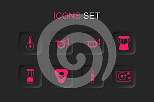 Set Guitar pick, Trumpet, Mandolin, Audio jack, African darbuka drum, Vinyl player with vinyl disk, and djembe icon