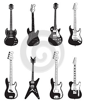 Set of guitar silhouettes black color isolated on white - Electric Guitars and Logo for Music store.