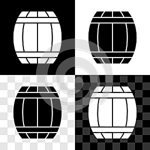 Set Gun powder barrel icon isolated on black and white, transparent background. TNT dynamite wooden old barrel. Vector