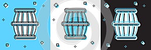 Set Gun powder barrel icon isolated on blue and white, black background. TNT dynamite wooden old barrel. Vector