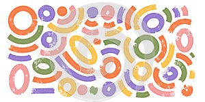 Set of gunge brush drawn various rounded geometric shapes. Hand drawn vector geometric bright color figures of circles