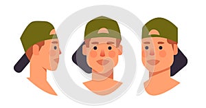 Set guy in cap head avatar front side view male character different views for animation horizontal
