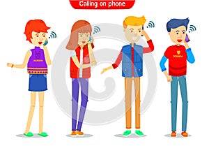 Set of guy and girl character calling on the phone with signal symbol, Male and female be on the phone, calling smartphone, They