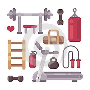 Set of gym equipment icons. Sport and fitness objects flat icons