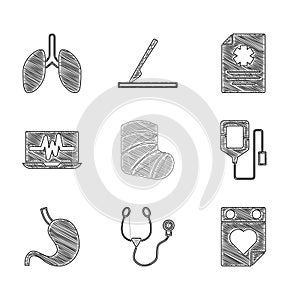 Set Gypsum, Stethoscope, Doctor appointment, IV bag, Human stomach, Laptop with cardiogram, Clinical record and Lungs