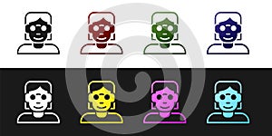 Set Hacker or coder icon isolated on black and white background. Programmer developer working on code, coding, testing