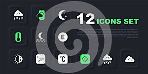 Set Hail cloud, Cloud, Night fog or smoke, Snowflake, Thermometer, Wind, Weather forecast app and Celsius icon. Vector