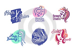 Set of Hair or Beauty Salon Logo, Isolated Labels for Barbershop, Women Parlor Haircut Service Emblems or Icons, Banners