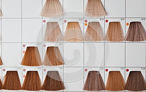 Set hair brunette tints colors palette on hairdresser background