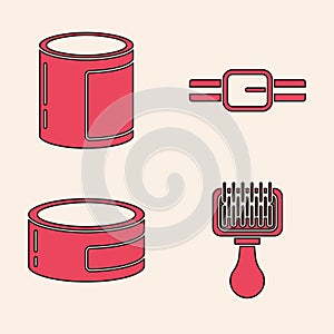Set Hair brush for dog and cat, Canned food, Collar with name tag and Canned food icon. Vector