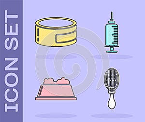 Set Hair brush for dog and cat, Canned food, Pet food bowl and Syringe with pet vaccine icon. Vector