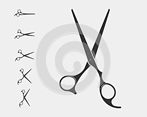 Set hair cut scissor icon. Scissors vector design element or logo template. Black and white silhouette isolated