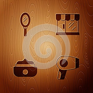 Set Hair dryer, Hand mirror, Gel wax for hair styling and Barbershop building on wooden background. Vector