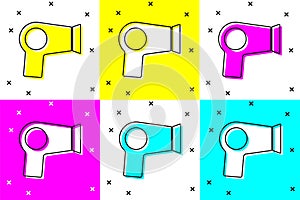 Set Hair dryer icon isolated on color background. Hairdryer sign. Hair drying symbol. Blowing hot air. Vector