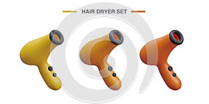 Set of hair dryers in different colors. Textured illustrations with reflections