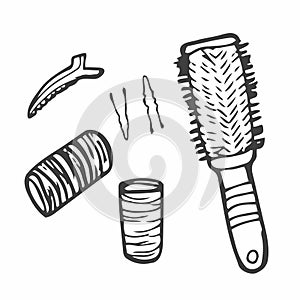 Set of hair styling tools. Vector hand drawn hair styling collection