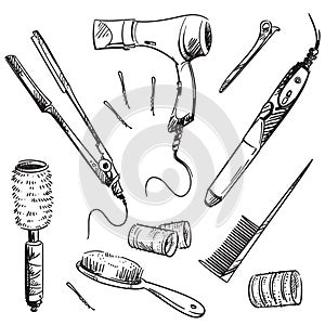 Set of hair styling tools, vector sketch